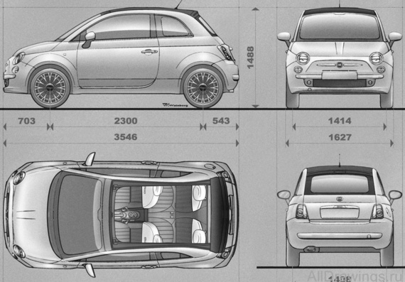 Fiat 500 C (2009) (Фиат 500 C (2009)) - чертежи (рисунки) автомобиля
